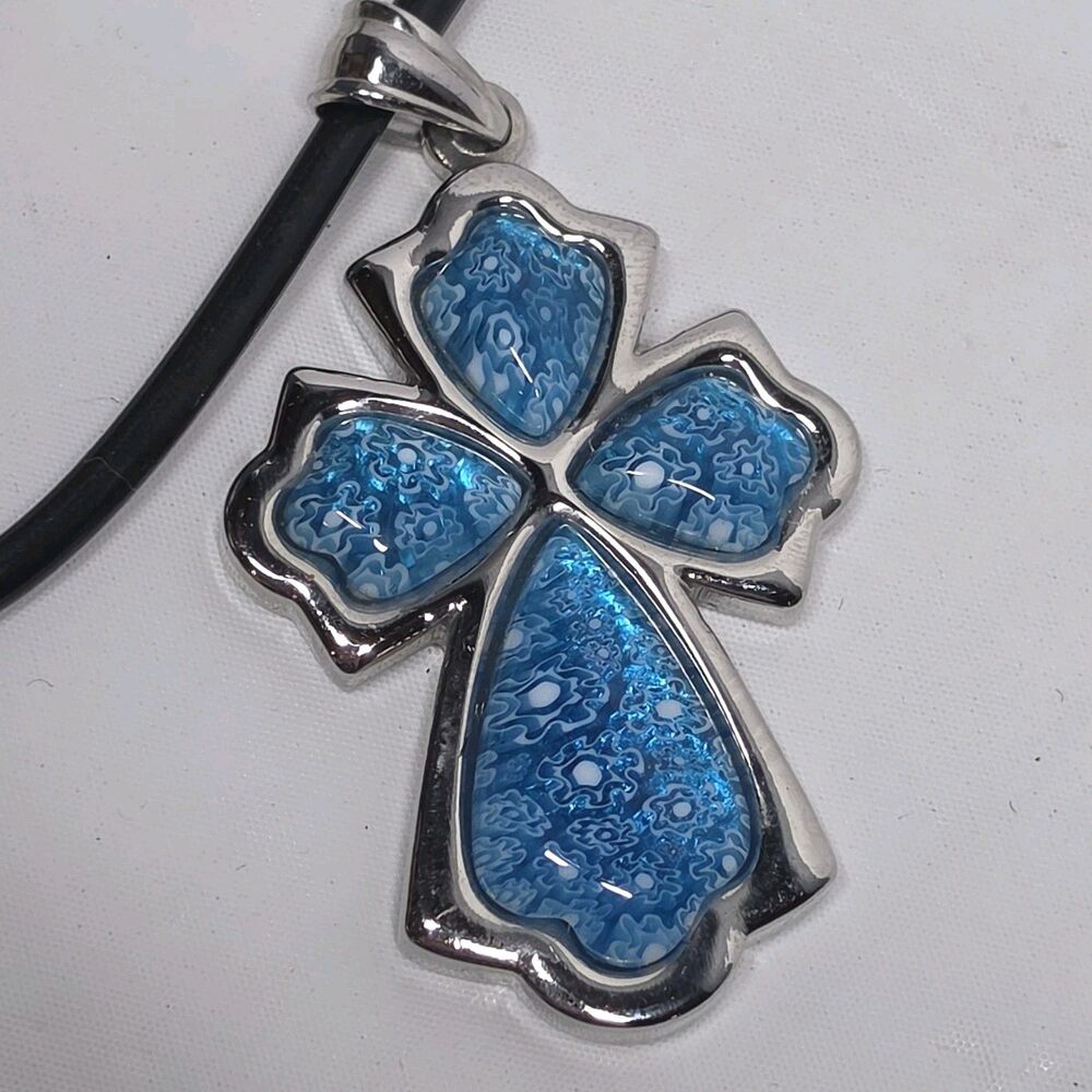 Murano Millefiori Glass Blue Cross Pendant Necklace Italy Summer Boho Floral